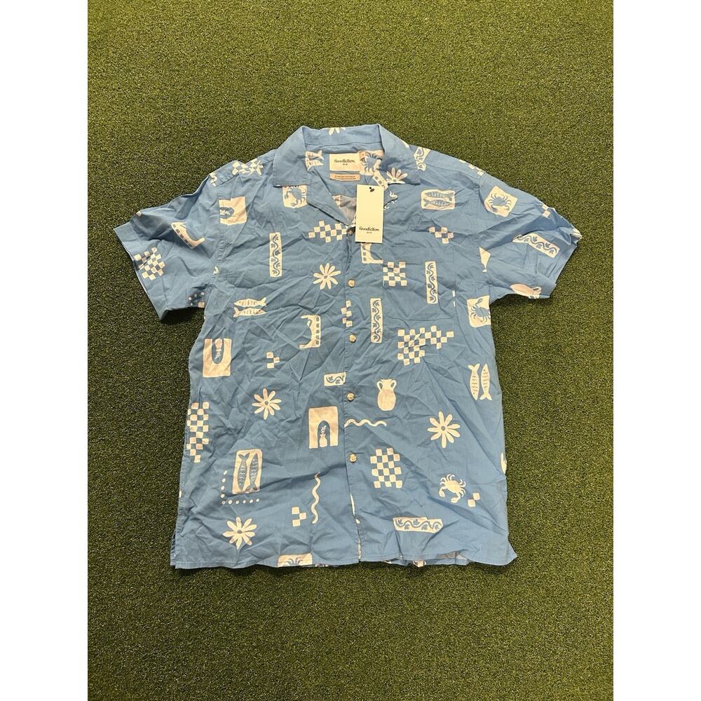 Goodfellow Woven Camp Shirt Men’s S Blue Double Sided Wrap Around Print Fish